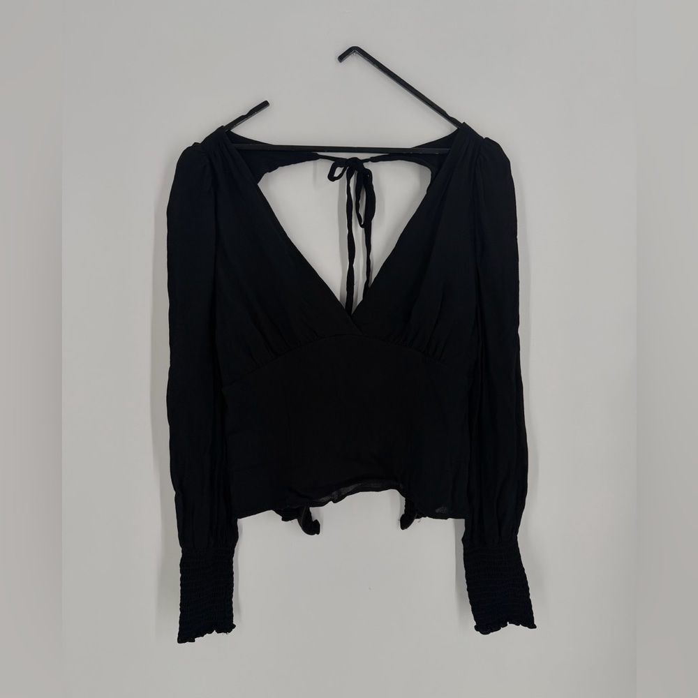 Reformation Michel Fitted Bodice Deep V Tie Cut Out Smocked Top In Black